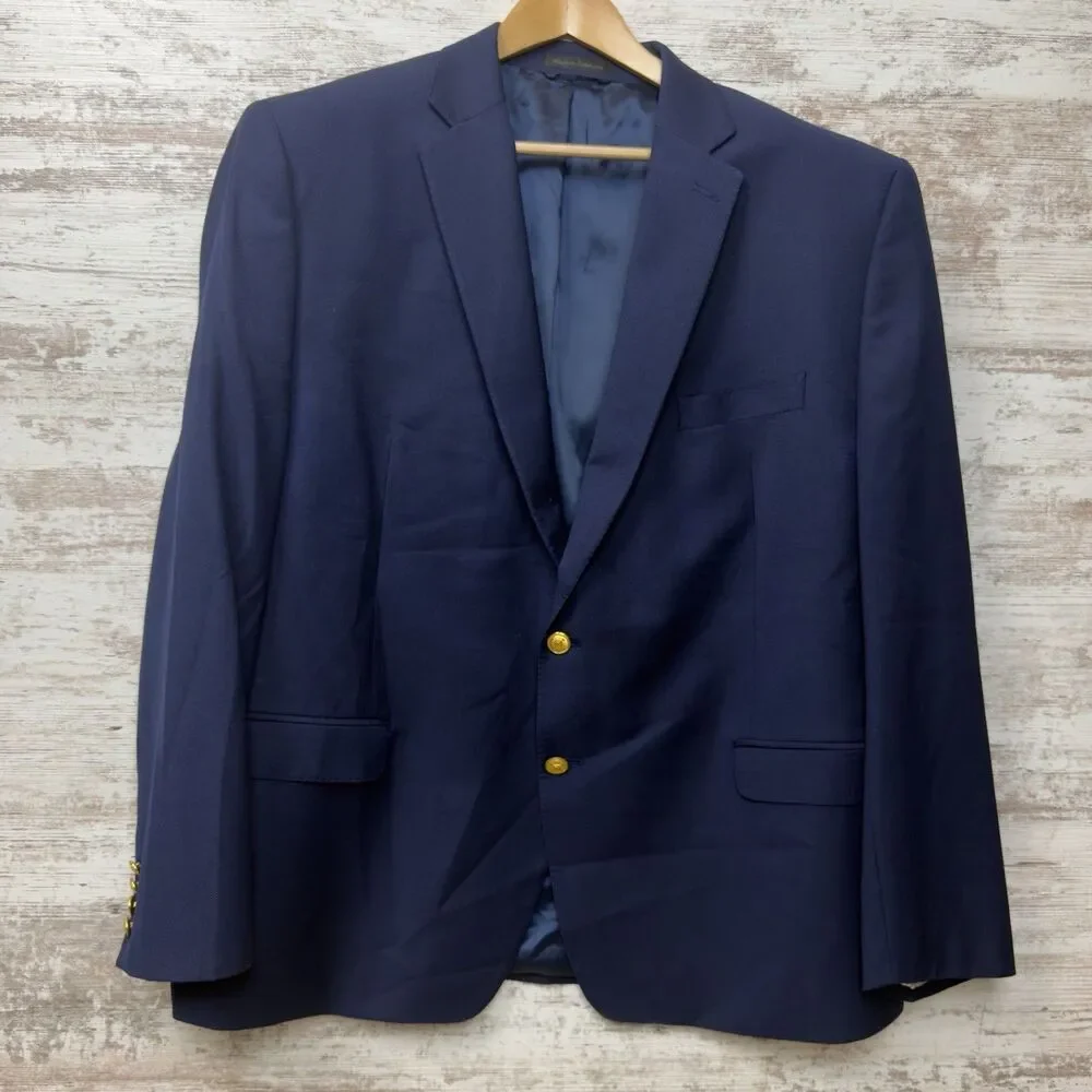 Lauren Ralph Lauren Mens 46R Navy Blue Blazer Gold Buttons Coolmax Wool Blend